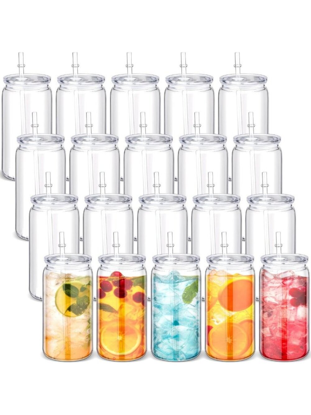 20 Clear Acrylic Mason Jars with Lids & Straws - 16oz Tumblers for Parties